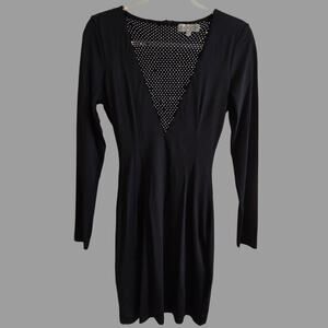 Meshki Black Deep Plunge Rhinestone chest Mini Long Sleeve Dress Sz Small